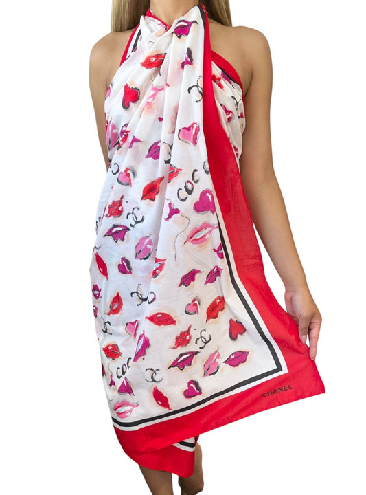 CHANEL Vintage CC Logo Lip Big Scarf Wrap Pareo White Multicolor Cotton