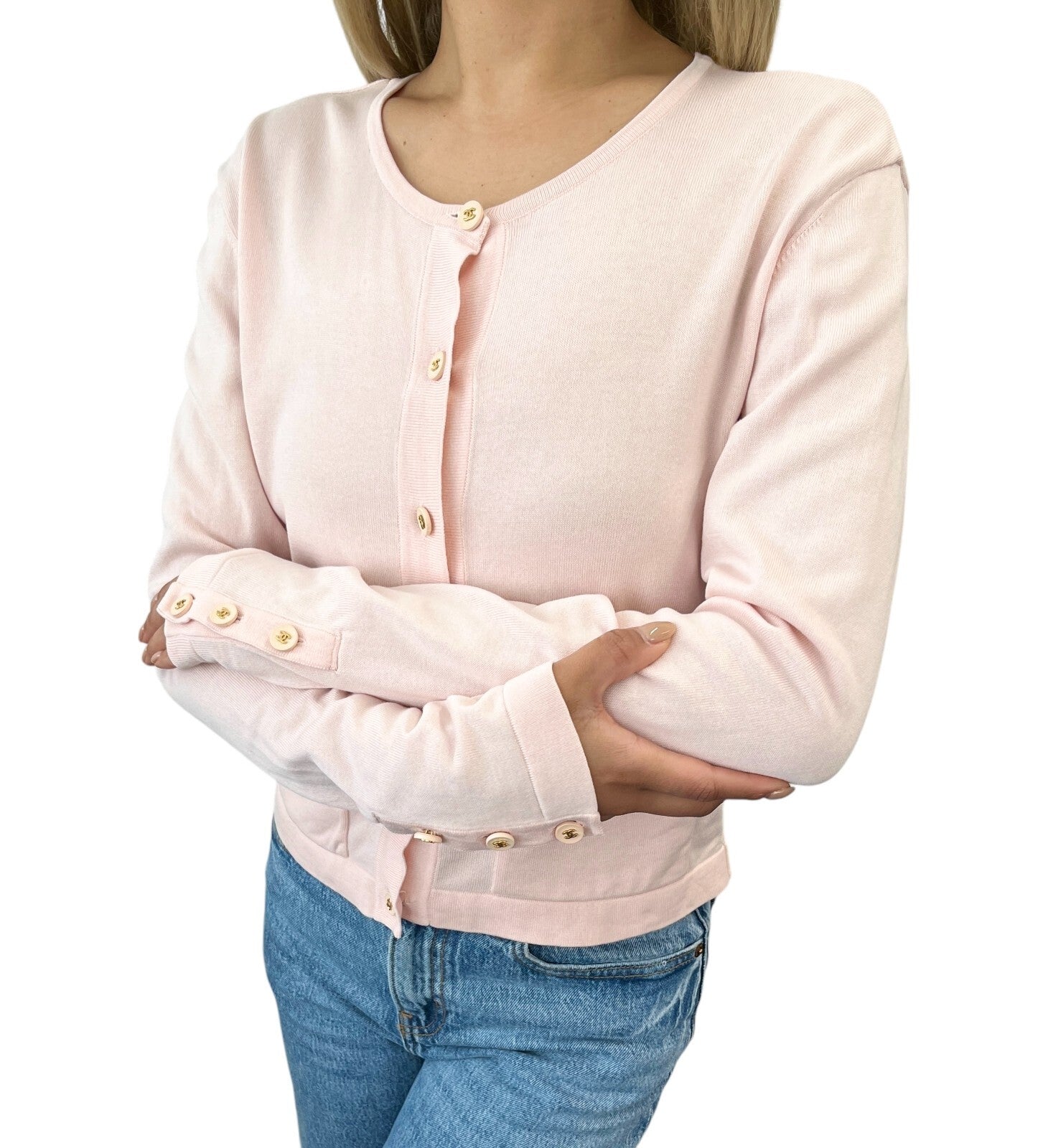CHANEL Vintage CC Mark Logo Cardigan Pink Cotton Button Long Sleeve Top Pockets