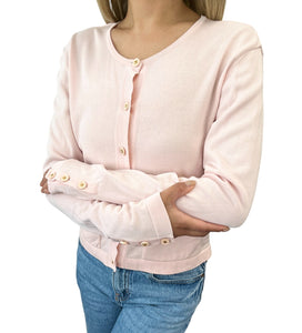 CHANEL Vintage CC Mark Logo Cardigan Pink Cotton Button Long Sleeve Top Pockets