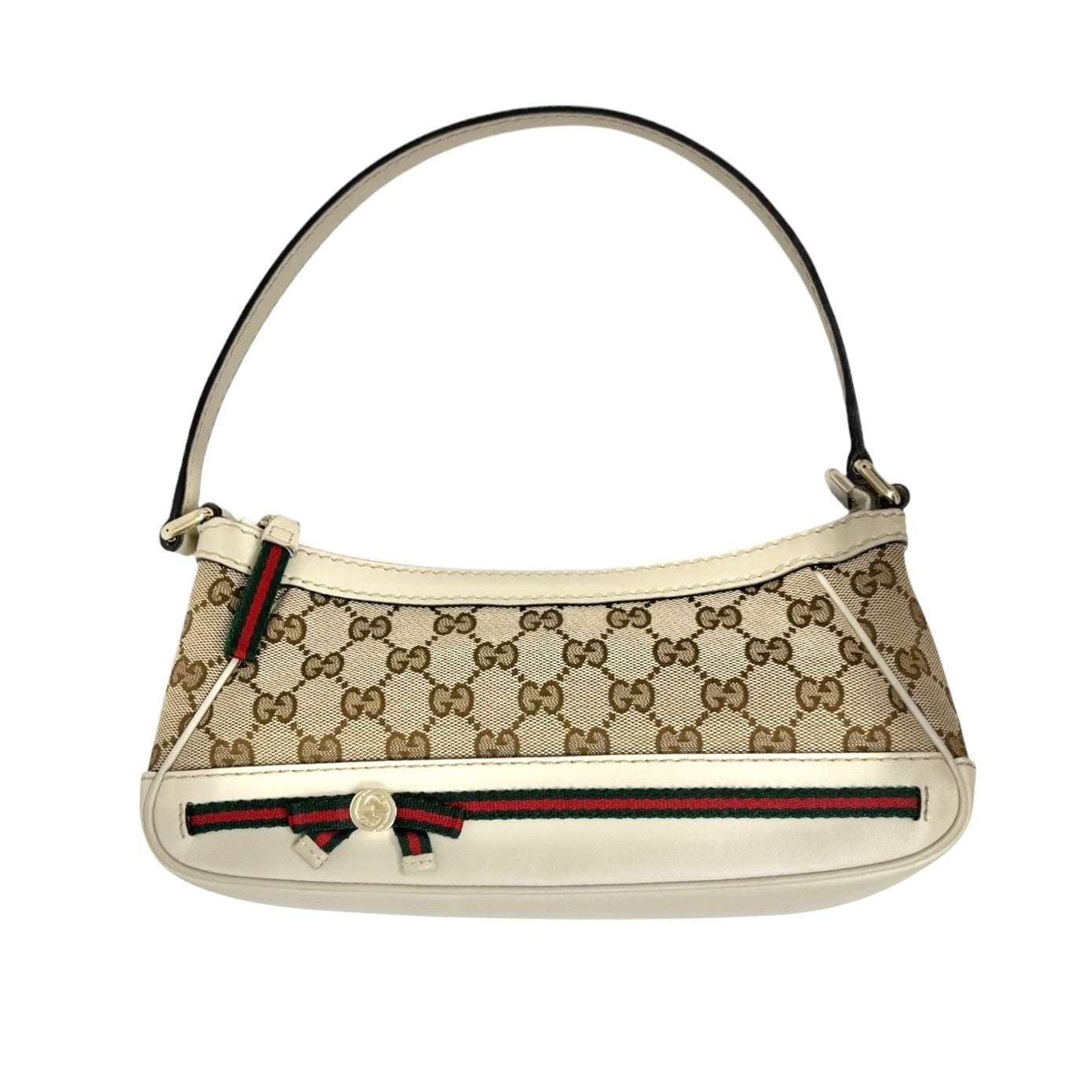 GUCCI Vintage GG Monogram Web Stripe Canvas Shoulder Bag Beige Ribbon 902570