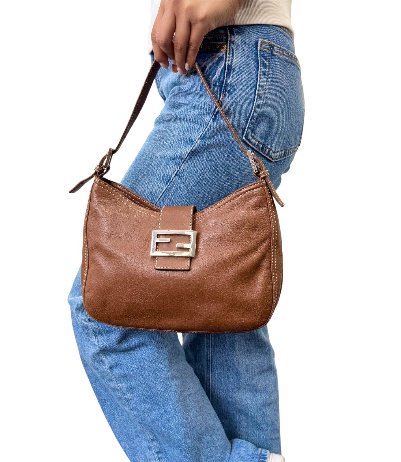 FENDI Vintage FF Logo Mamma Baguette Shoulder Bag Brown Silver Leather 902448