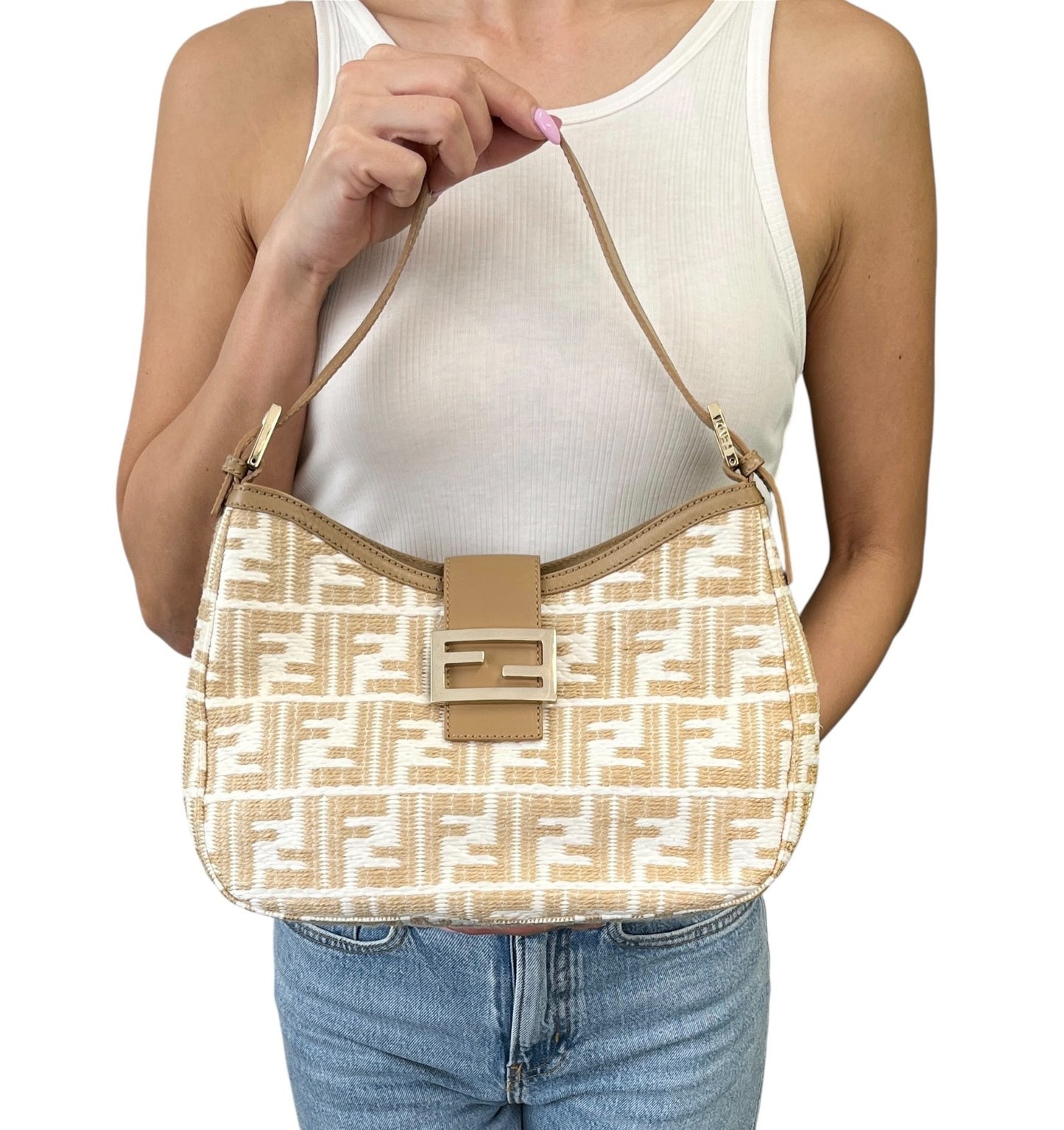 FENDI Vintage FF Logo Zucca Raffia Hobo Shoulder Bag Brown White Leather