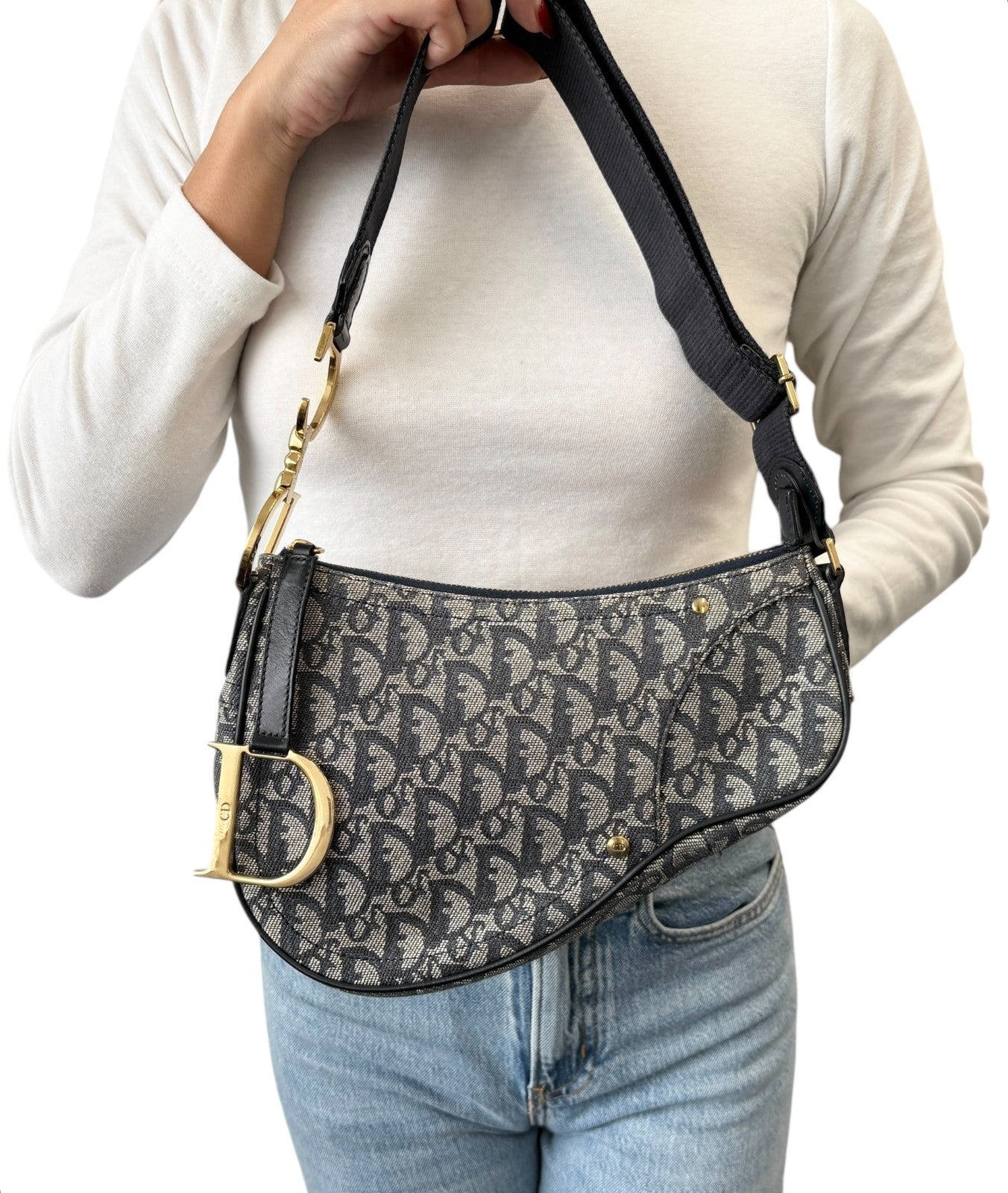 Christian Dior Vintage 2004 Trotter Monogram Saddle Bag Dark Blue Gold Canvas
