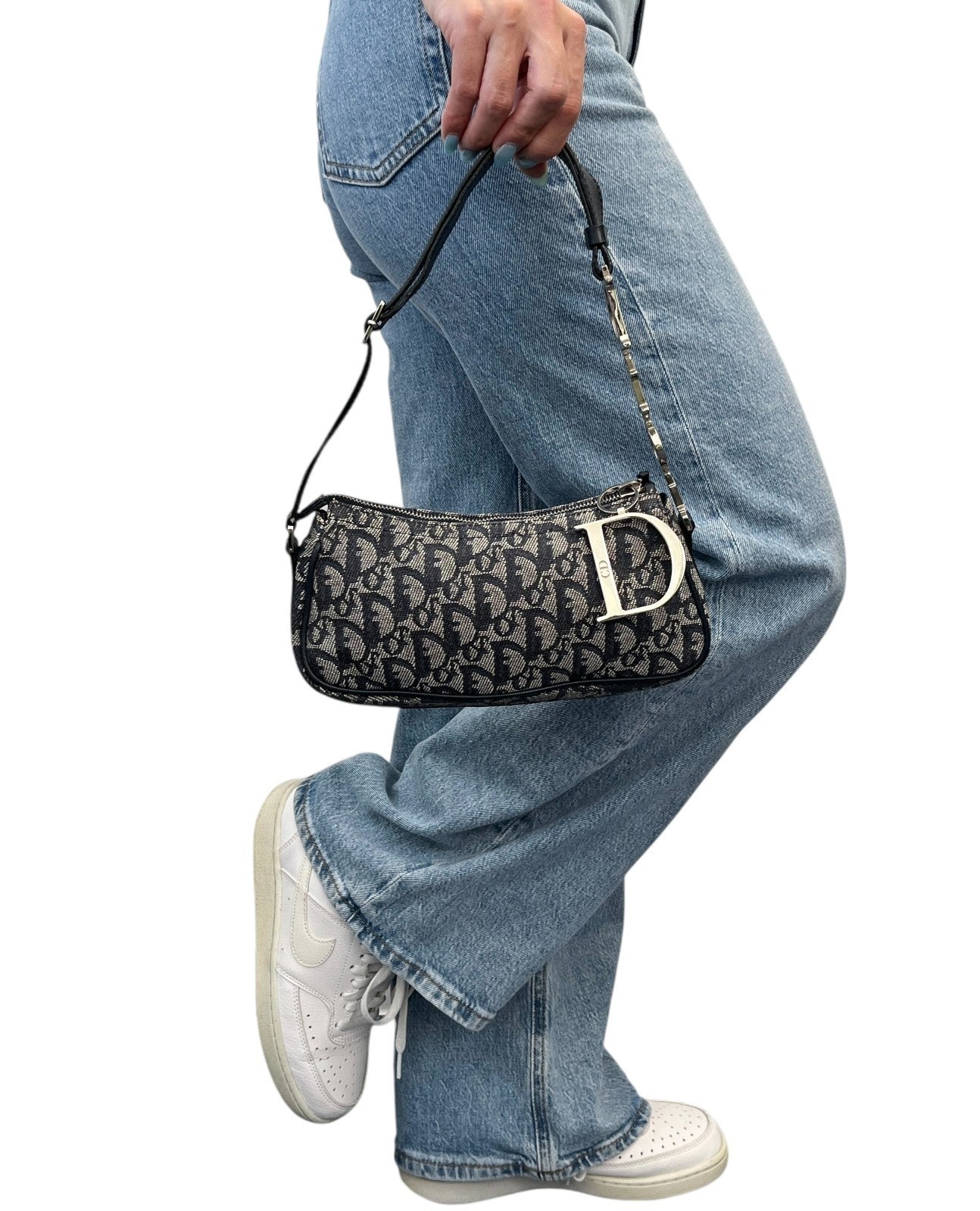 Christian Dior Vintage CD Logo Trotter Monogram Shoulder Bag Dark Blue Silver