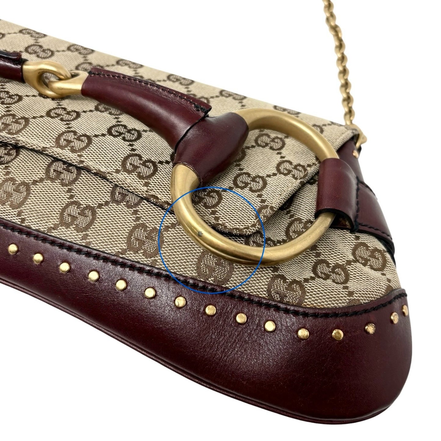GUCCI Vintage Horsebit GG Monogram Chain Shoulder Bag Studs Beige 901830