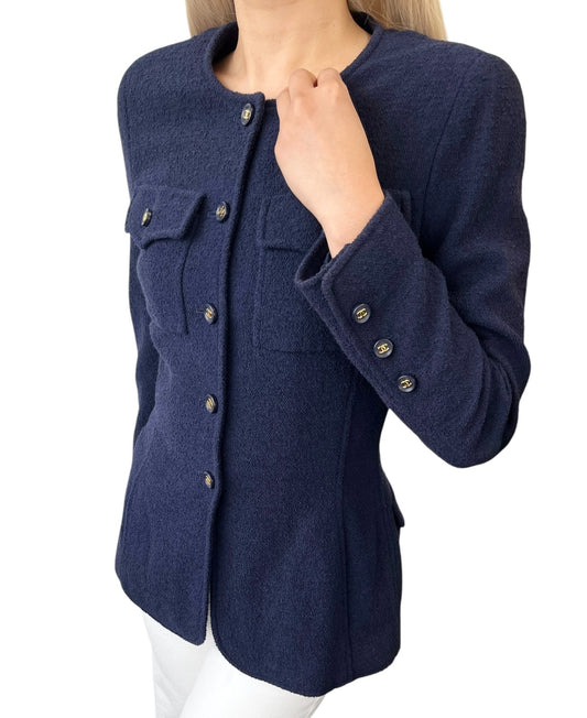 CHANEL Vintage 95A CC Logo Gold Button Collarless Jacket #36 Dark Blue Wool