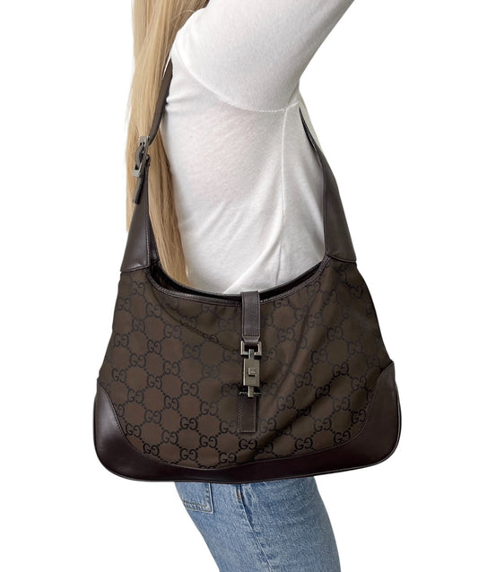 GUCCI Vintage Logo Jackie Shoulder Bag Dark Brown Silver Canvas Leather 902341