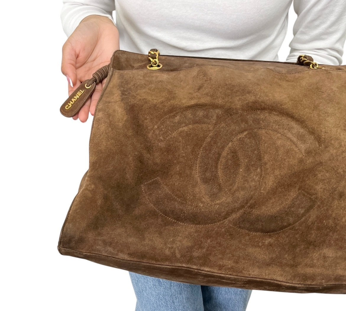 CHANEL Vintage Stitch CC Logo Suede Chain Tote Shoulder Bag Brown 902376