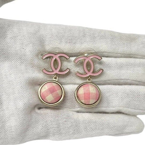 CHANEL Vintage 11C CC Mark Logo Check Studded Earring Pink Gold Rank AB