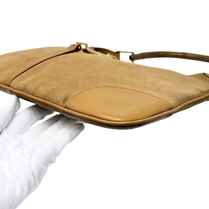 Gucci Vintage Bamboo Handle Hobo Shoulder Bag Beige Gold Suede Leather 902823