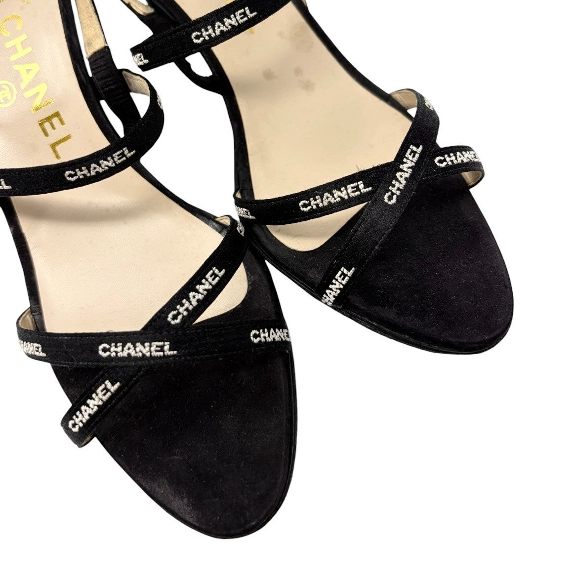 CHANEL Vintage 96C Logo Satin Ribbon Sandals Heels #36.5 Black White 902561