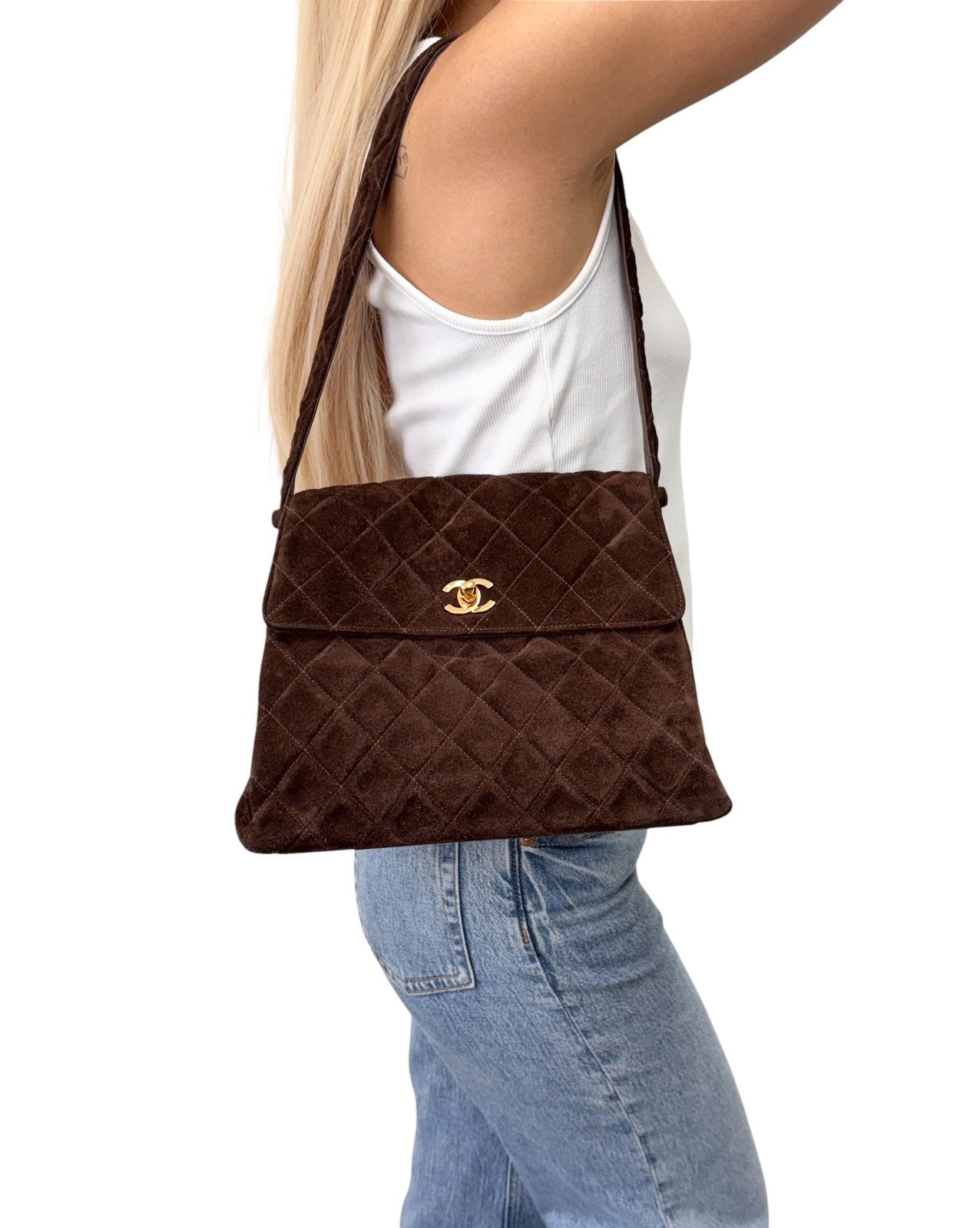 CHANEL Vintage CC Logo Turnlock Quilted Shoulder Bag Brown Gold Suede 901892