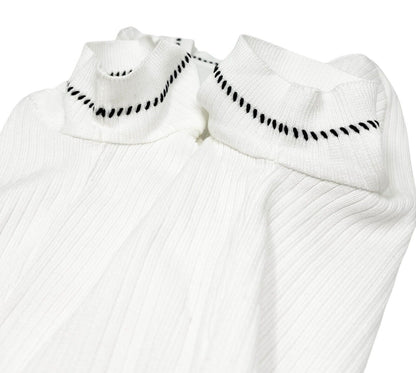 CHANEL Vintage 96P CC Rib Knit Top #38 Stitch Pullover White Black Cotton