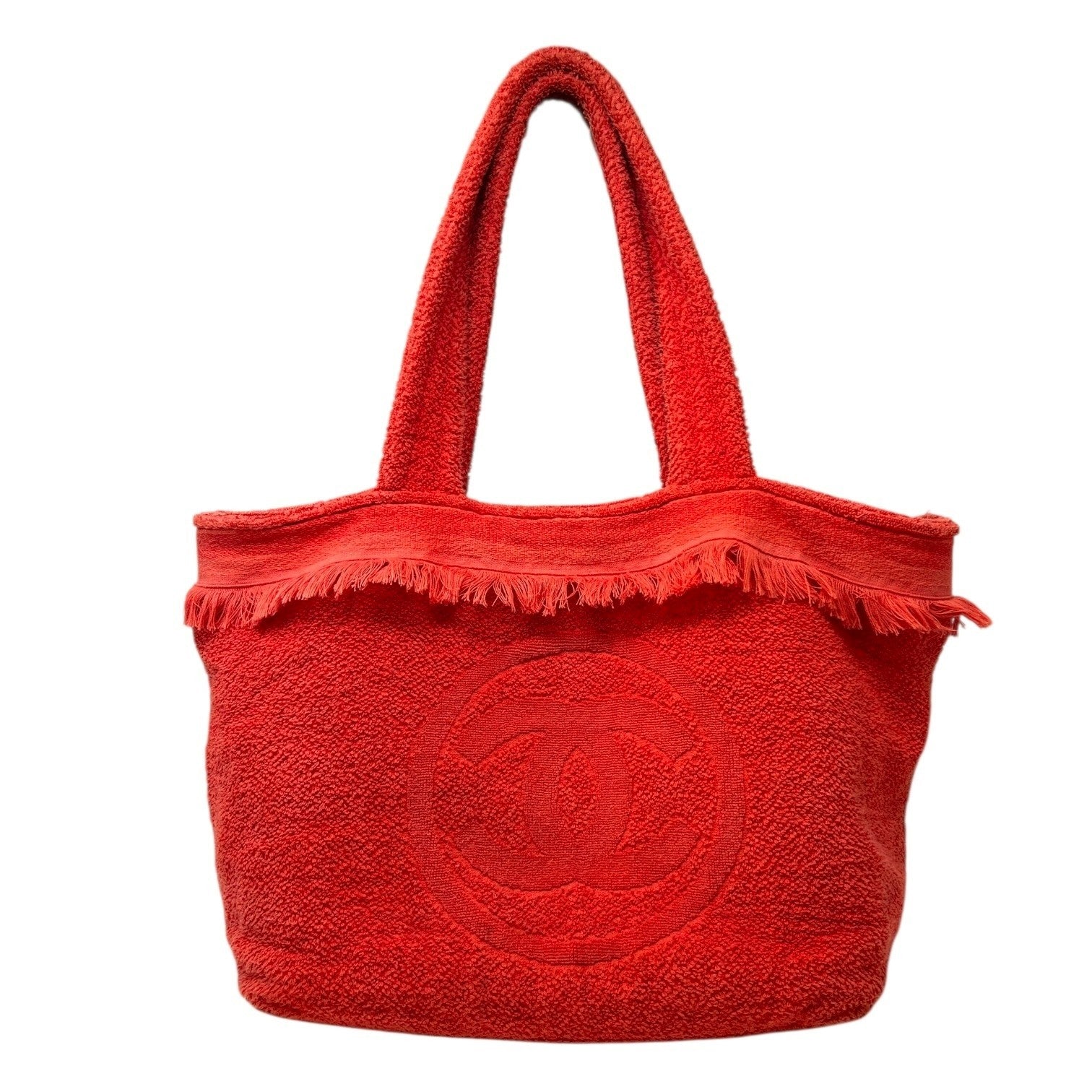 CHANEL Vintage CC Logo Beach Tote Shoulder Bag Red Cotton Terry Cloth Fringe