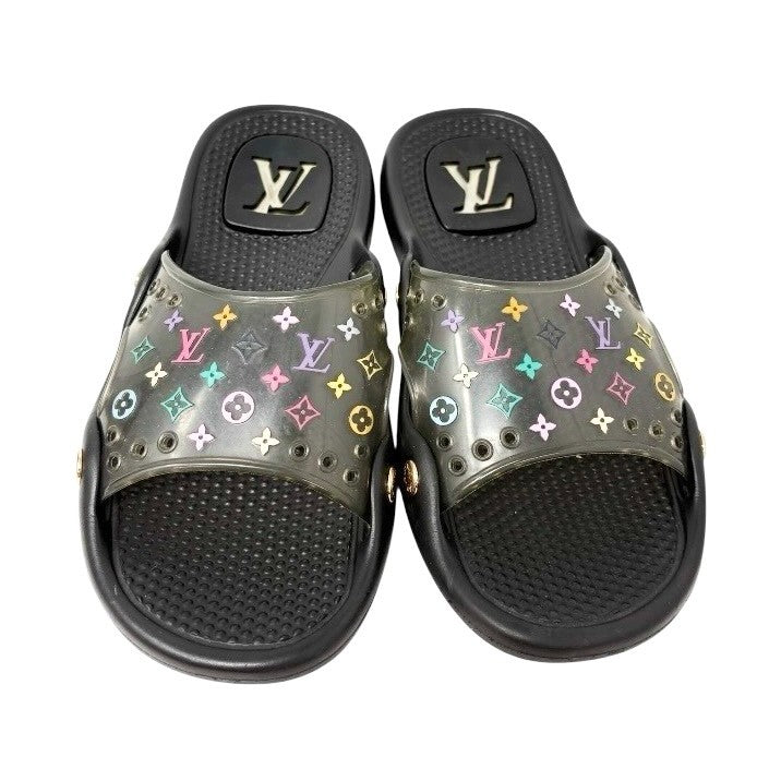 LOUIS VUITTON Vintage Monogram Multicolor Slide Sandals #37 Black Rubber