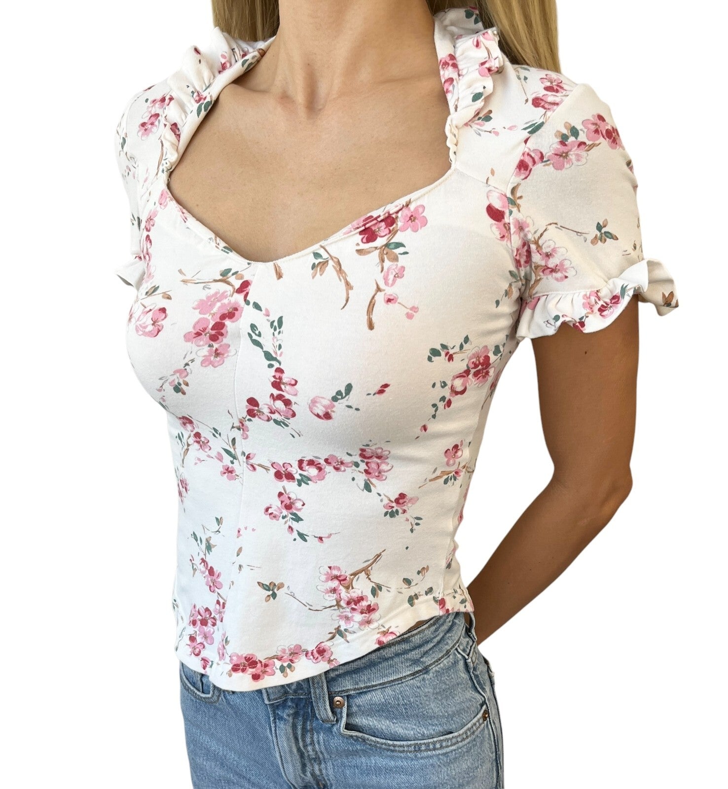 Vivienne Westwood Vintage Logo T-shirt Top #S White Pink Cotton Flower Frill