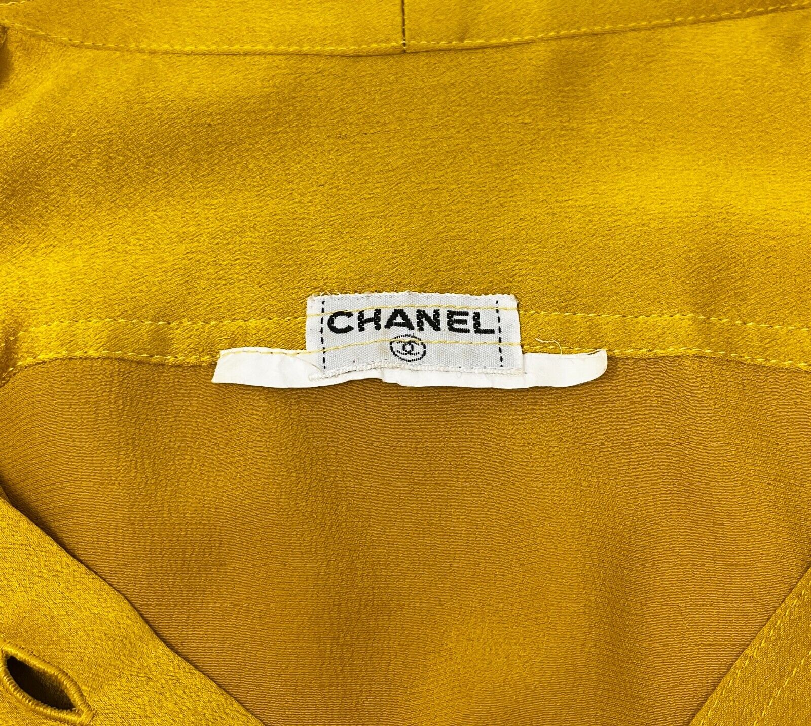 CHANEL Vintage CC Logo Shirt Top Button Up Pocket Yellow Gold Silk Rank AB