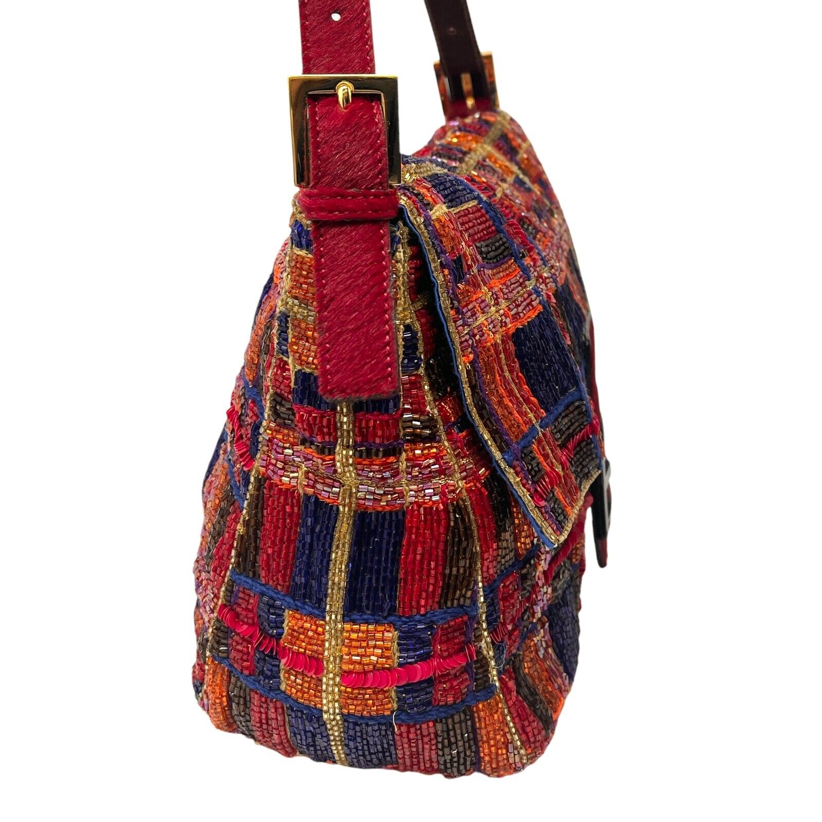 FENDI Vintage FF Logo Beads Mamma Baguette Shoulder Bag Plaid Red Blue Leather