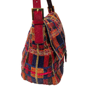 FENDI Vintage FF Logo Beads Mamma Baguette Shoulder Bag Plaid Red Blue Leather