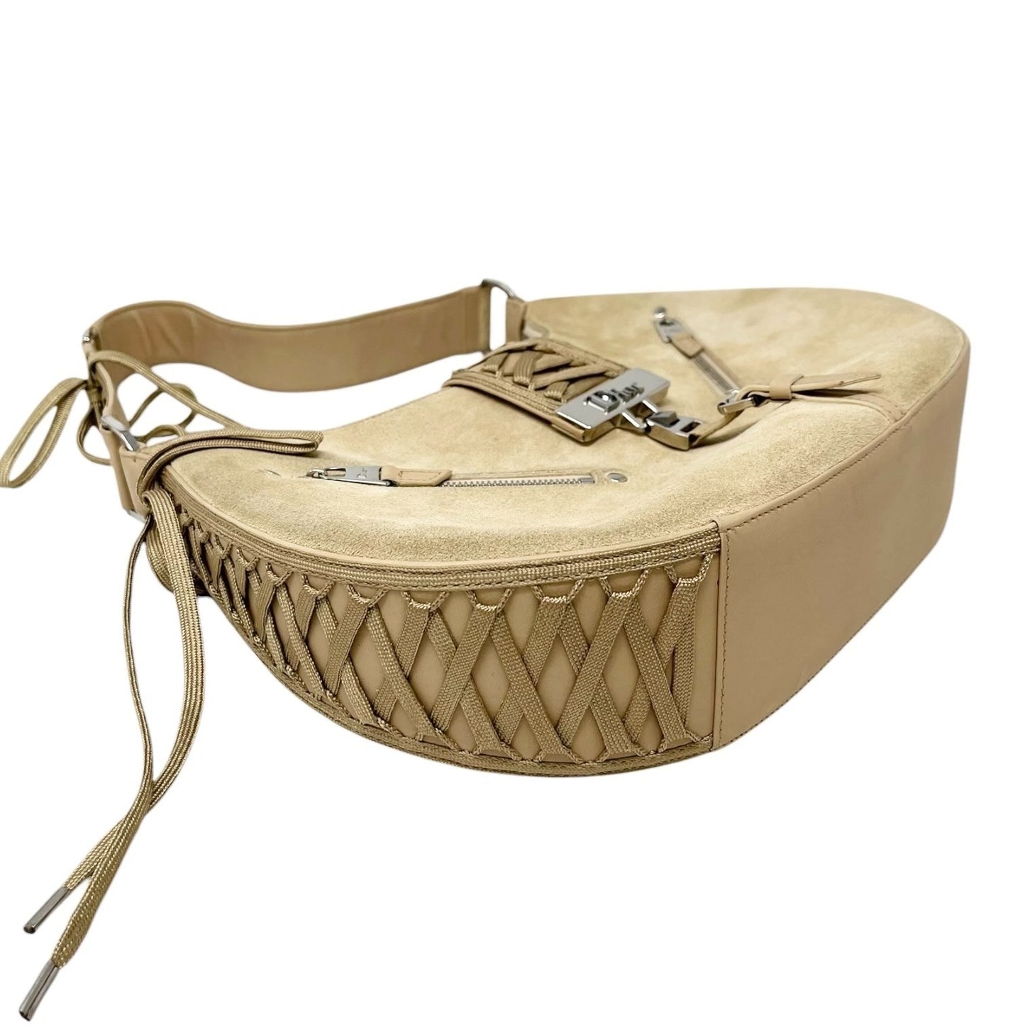 Christian Dior Vintage 2002 Admit It Suede Shoulder Bag Lace Up Beige Silver