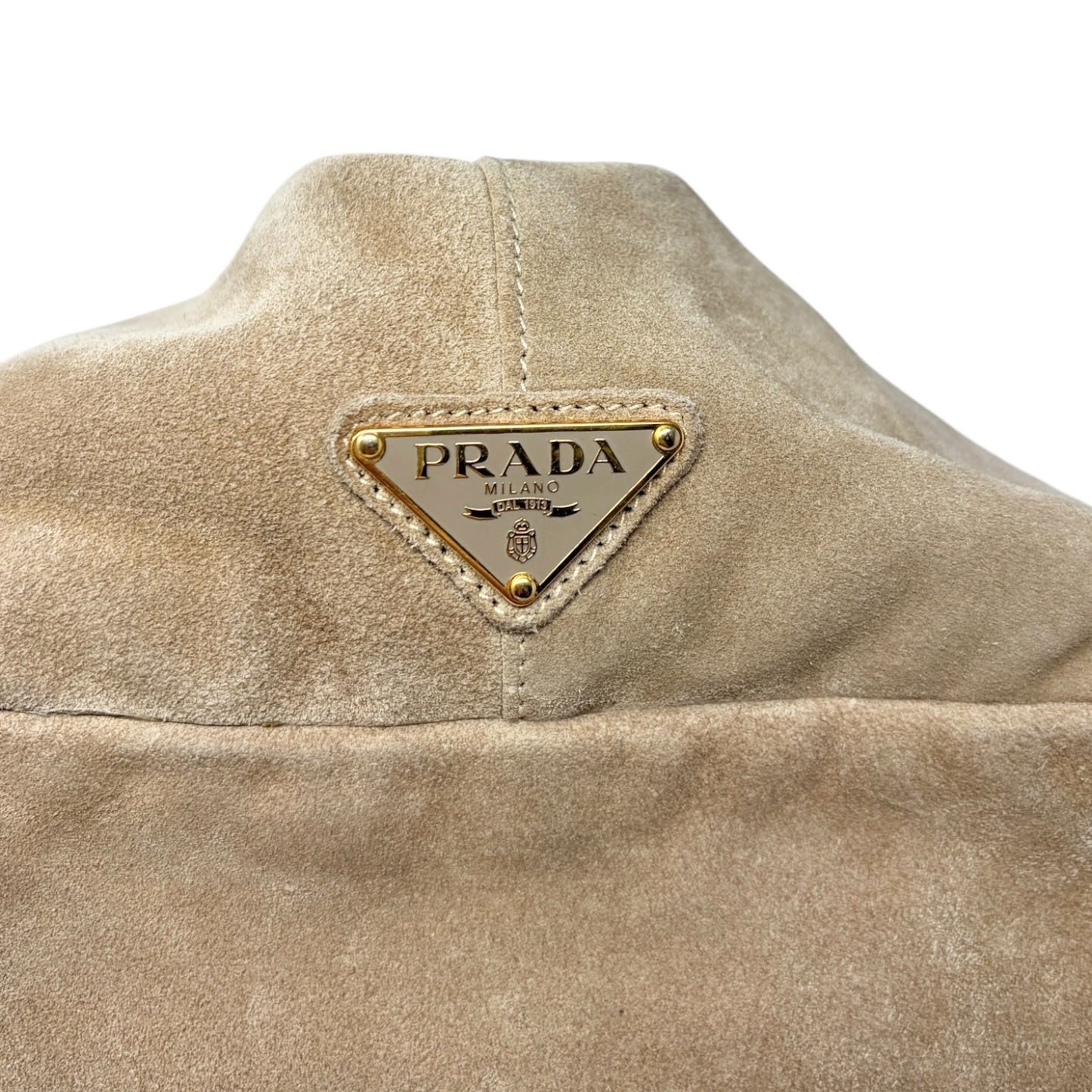 PRADA Vintage Canapa Big Logo Suede Large Tote Bag Beige Gold Stitch Shopper
