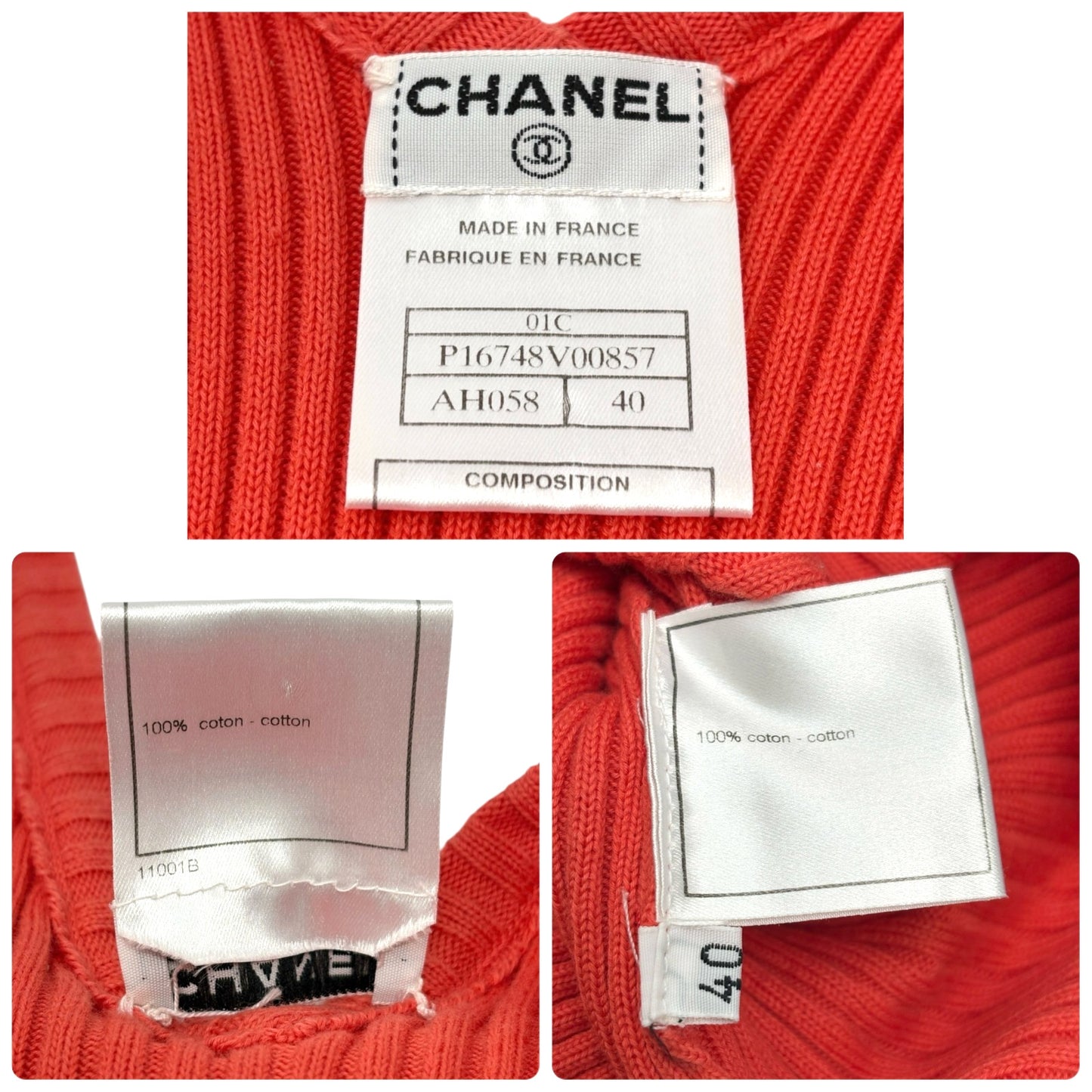 CHANEL Vintage 01C CC Gold Ring Knit Ribed Tank Camisole Top #40 Orange Cotton