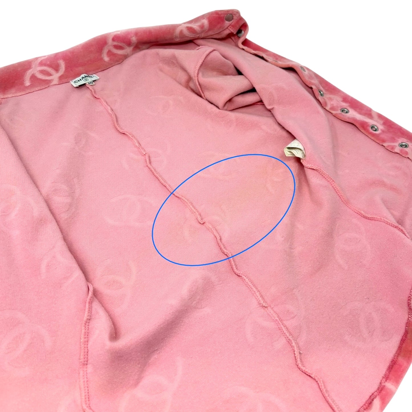 CHANEL Vintage 96A CC Logo Snap Button Velour Shirt Top #40 Pink Cotton