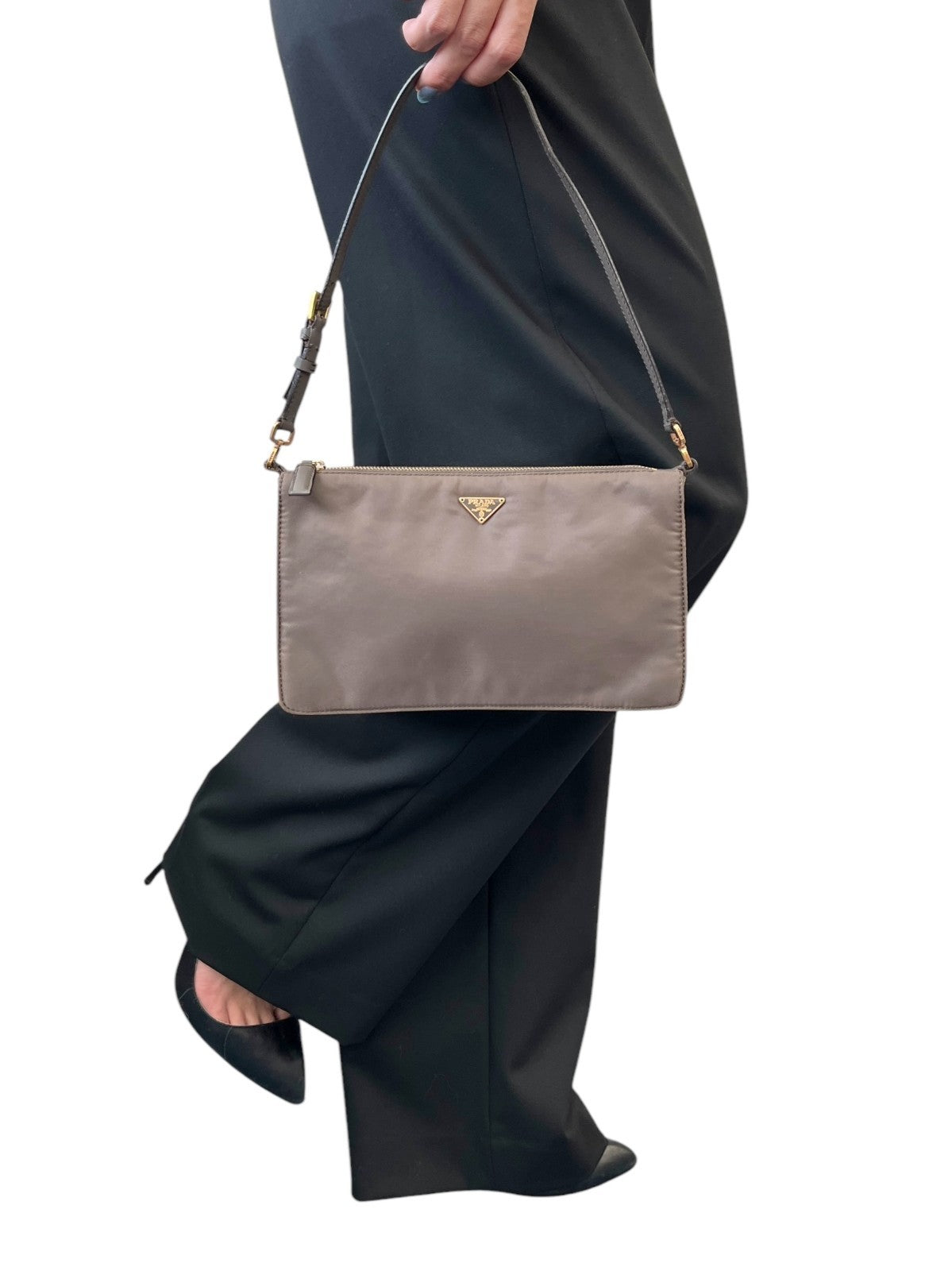 PRADA Vintage Logo Mini Shoulder Bag Pochette Pouch Taupe Gold Nylon 902436