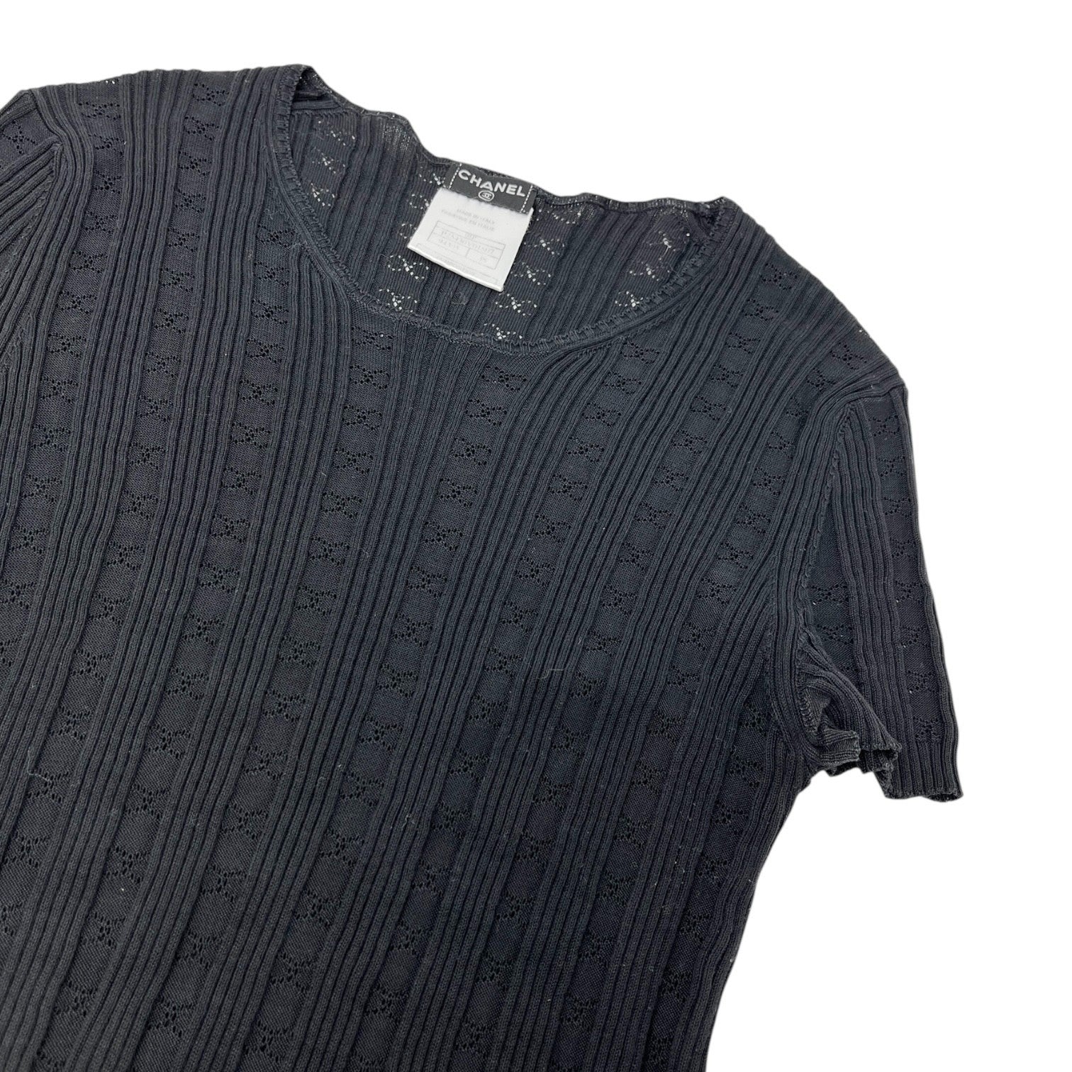 CHANEL Vintage 05P CC Logo Summer Rib Knit Top T-shirt Black Cotton Short Sleeve