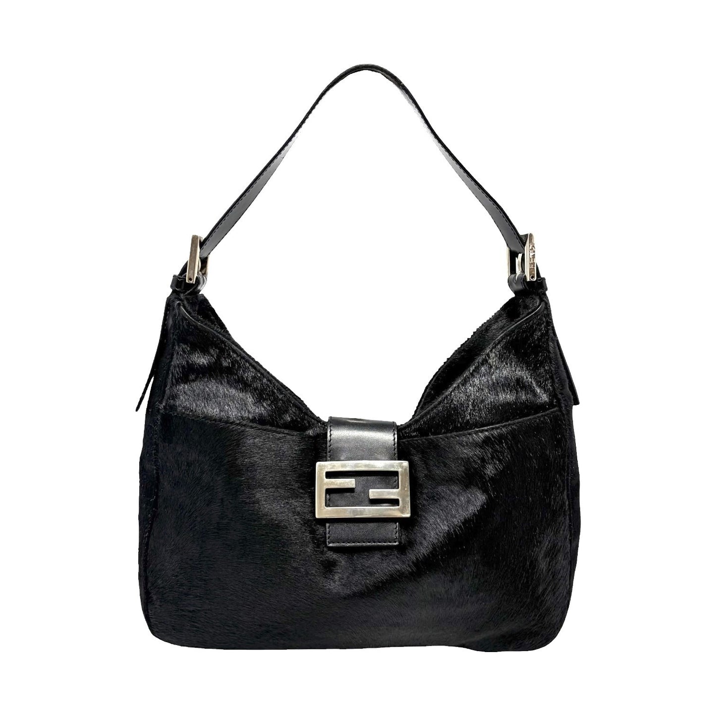 FENDI Vintage FF Logo Pony Calf Hair Hobo Shoulder Bag Black Silver 902040