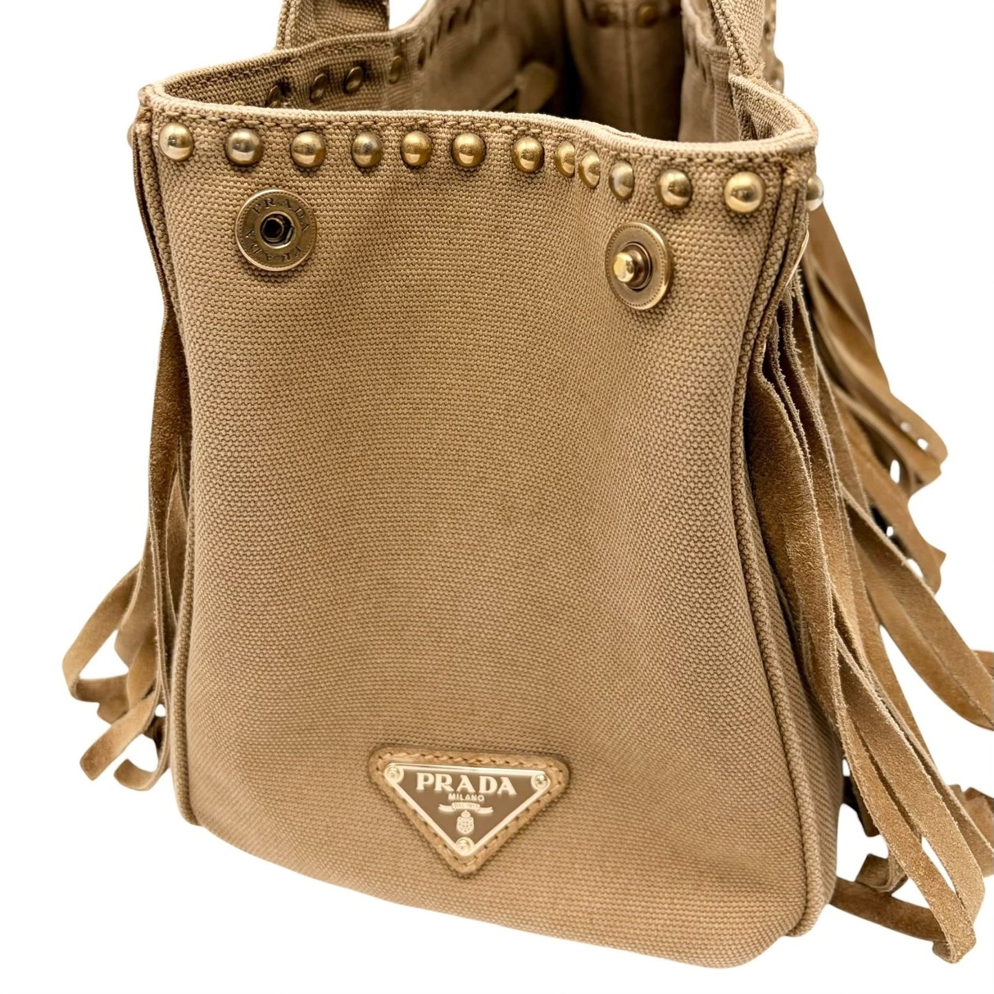 PRADA Vintage Logo Fringe Tote Bag Suede Canvas Brown Camel Gold 901835