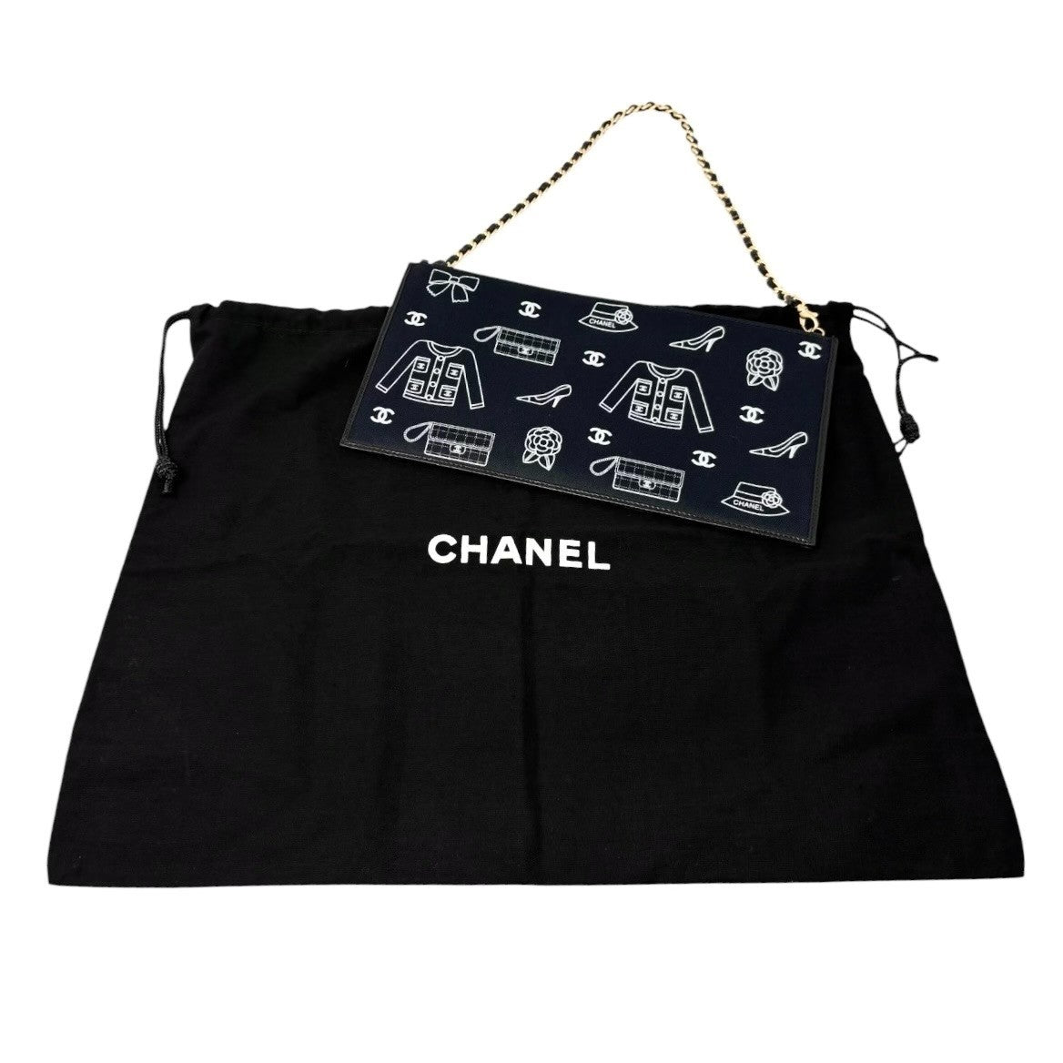 CHANEL Vintage CC Logo Icon Print Canvas Shoulder Bag Pochette Dark Blue Chain