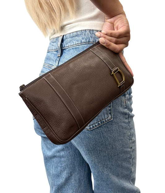 Christian Dior Vintage 2001 CD Logo Leather Bag Pochette Pouch Clutch Brown