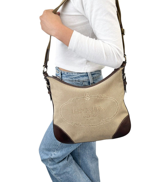 PRADA Vintage Logo Crossbody Shoulder Bag Zip Beige Brown Silver Canvas Leather