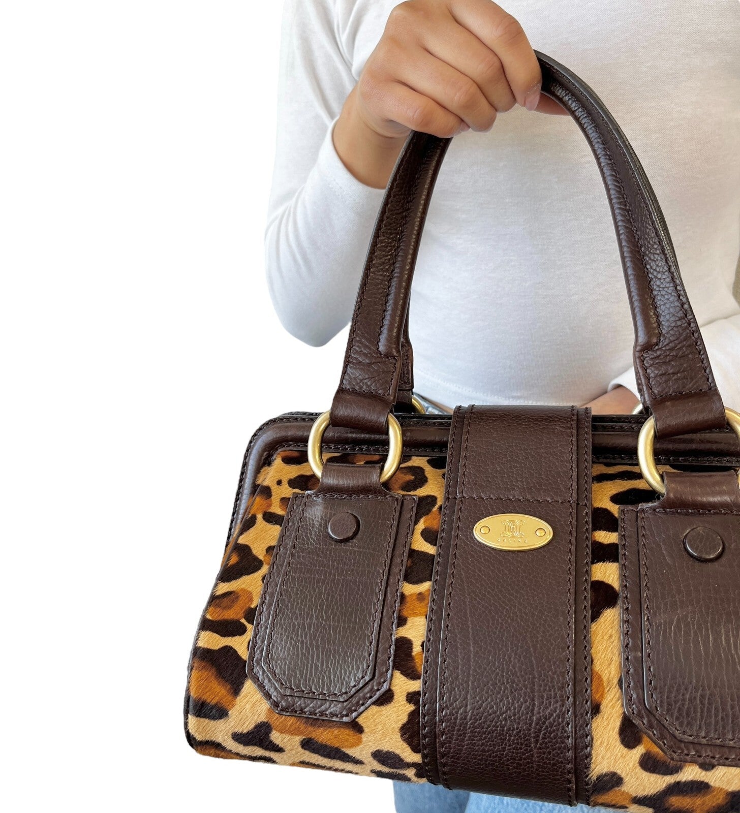 CELINE Vintage Macadam Logo Leopard Shoulder Bag Brown Beige Calf Hair Leather