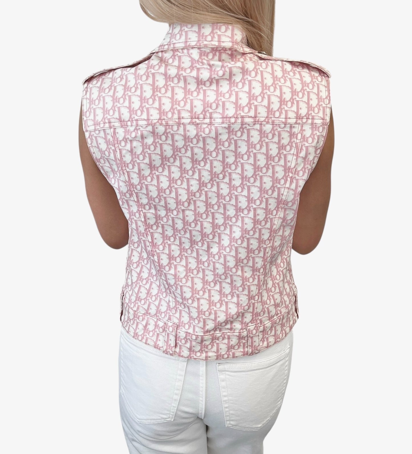 Christian Dior Vintage 2004 Trotter Monogram Vest Jacket #38 Pink White Cotton