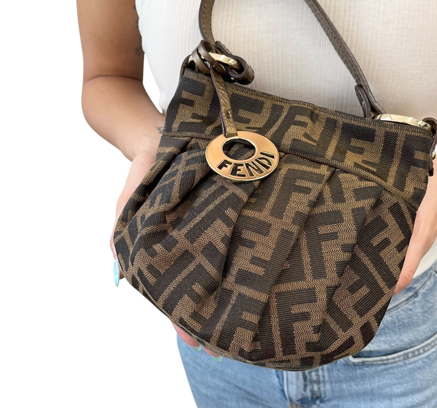 FENDI Vintage FF Logo Charm Zucca Canvas Mini Chef Hobo Tote Bag Brown Black