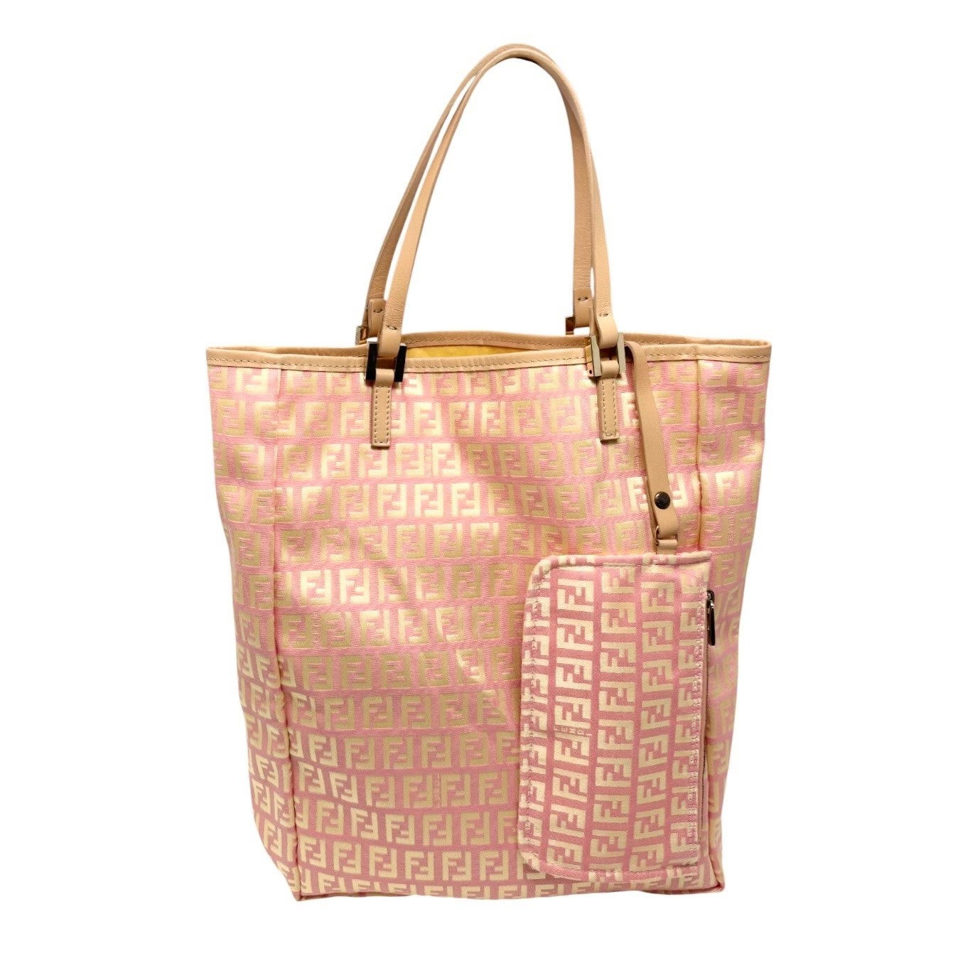 FENDI Vintage FF Logo Zucchino Tote Bag Pink Beige Canvas w/Pouch 901879
