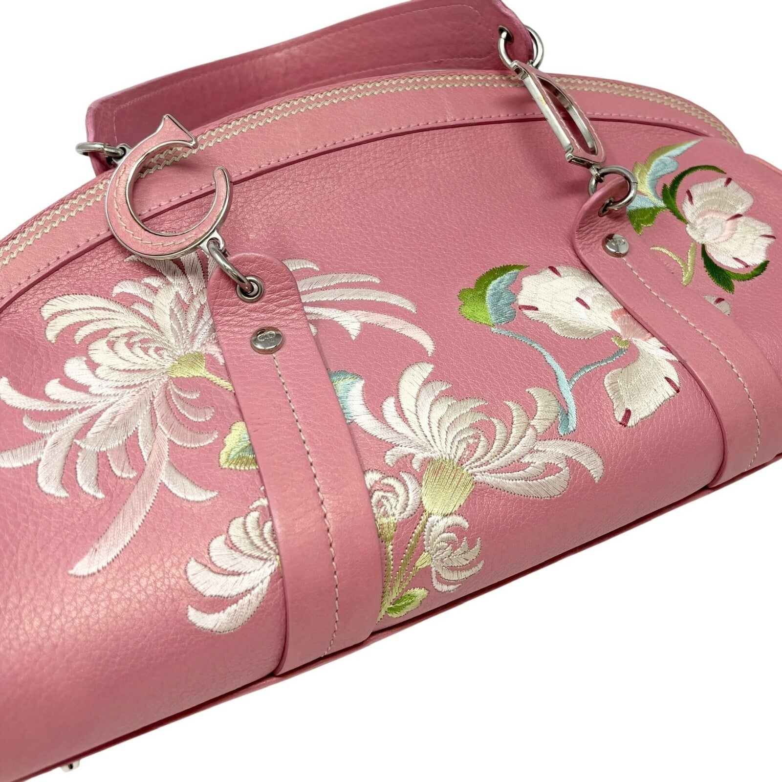 Christian Dior Vintage 2005 Logo Embroidered Mini Boston Bag Pink Silver Leather