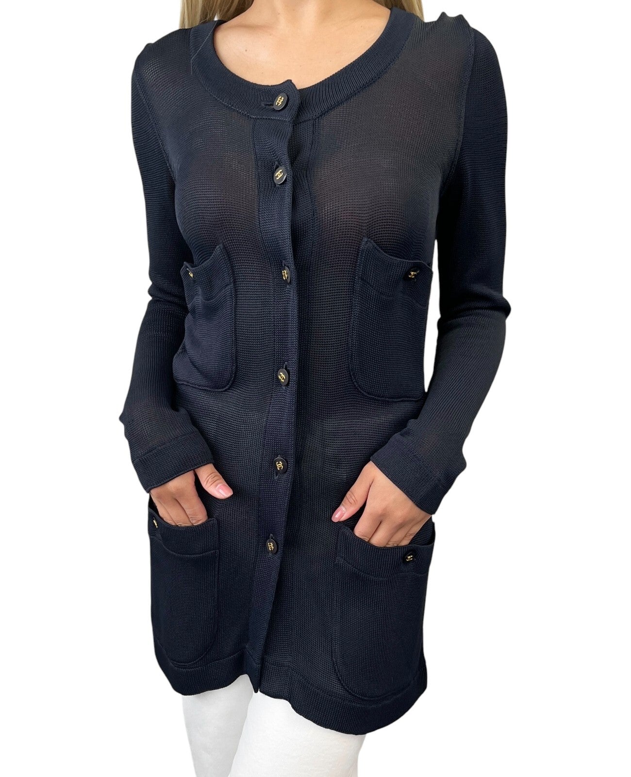 CHANEL Vintage CC Logo Knit Cardigan Long Sleeve Dark Blue Pocket Button