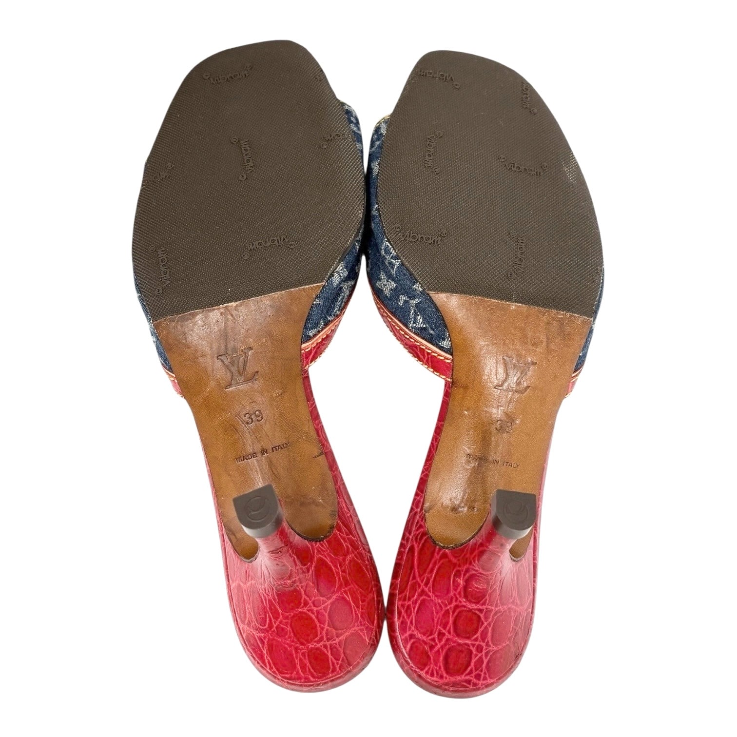 LOUIS VUITTON Vintage Monogram Denim Mule Sandals Heels #39 Blue Red Leather
