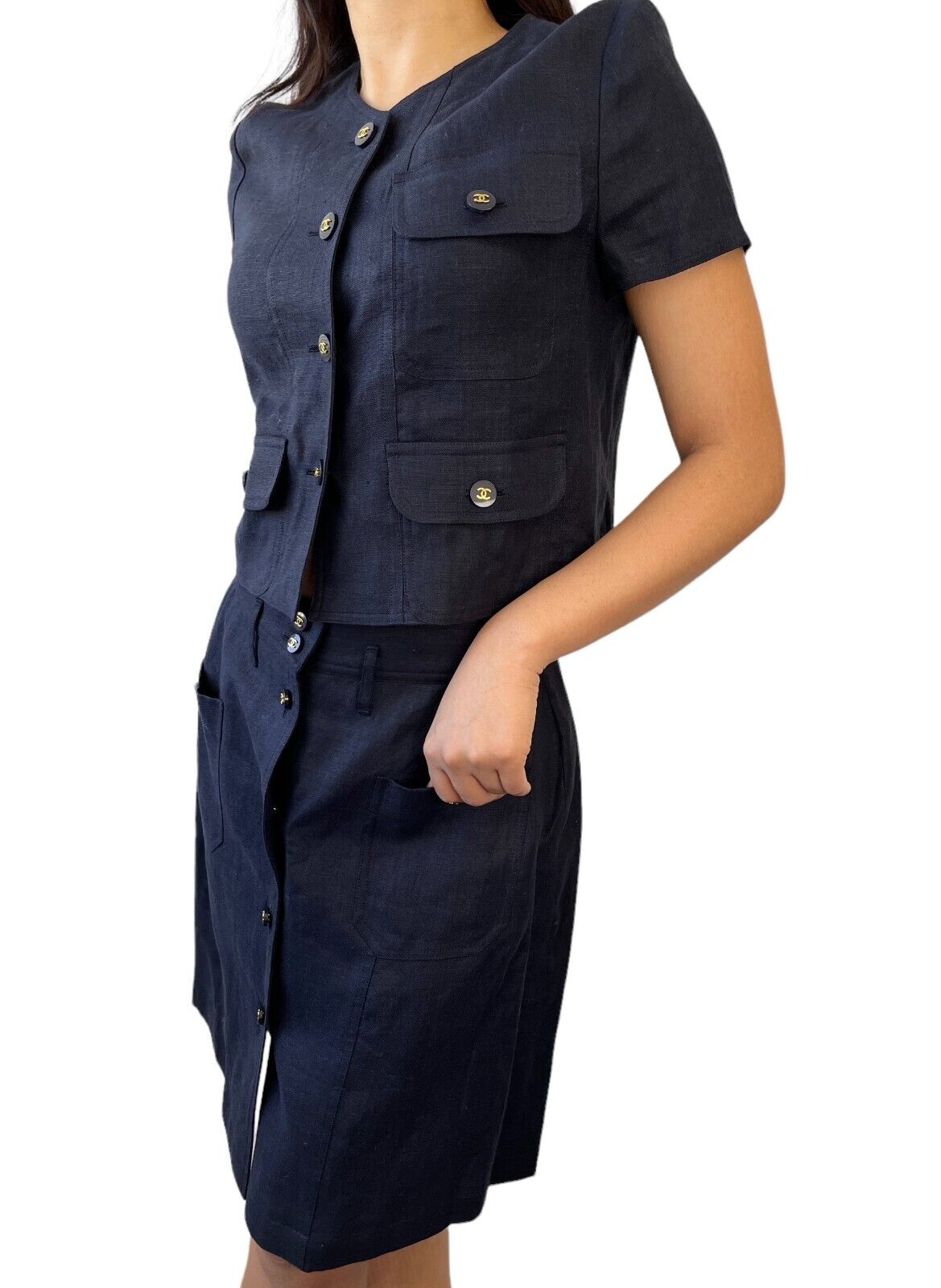 CHANEL Vintage CC Mark Button Linen Jacket Skirt Set #40 Dark Blue Rank AB+
