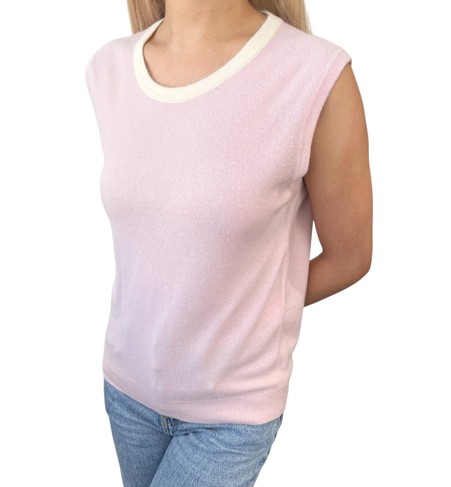 CHANEL Vintage 96C CC Logo Button Cashmere Knit Tank Top #38 Pink Cream