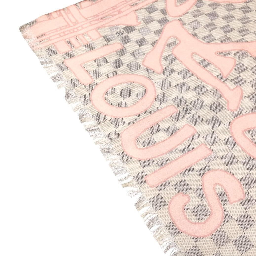 LOUIS VUITTON Vintage Damier Azur Tahitienne Logo Scarf Wrap Pink Gray Cotton