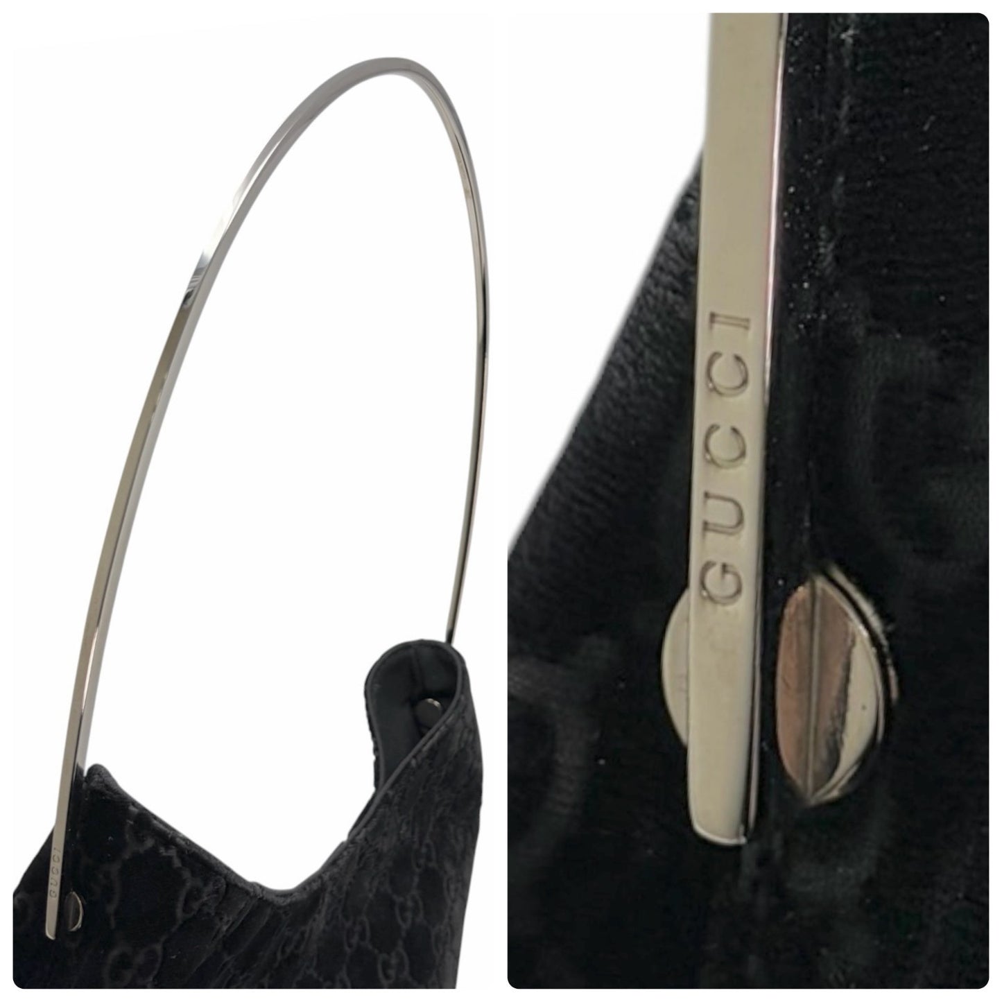 GUCCI Vintage GG Monogram Logo Velour Shoulder Bag Black Silver Handle 902088