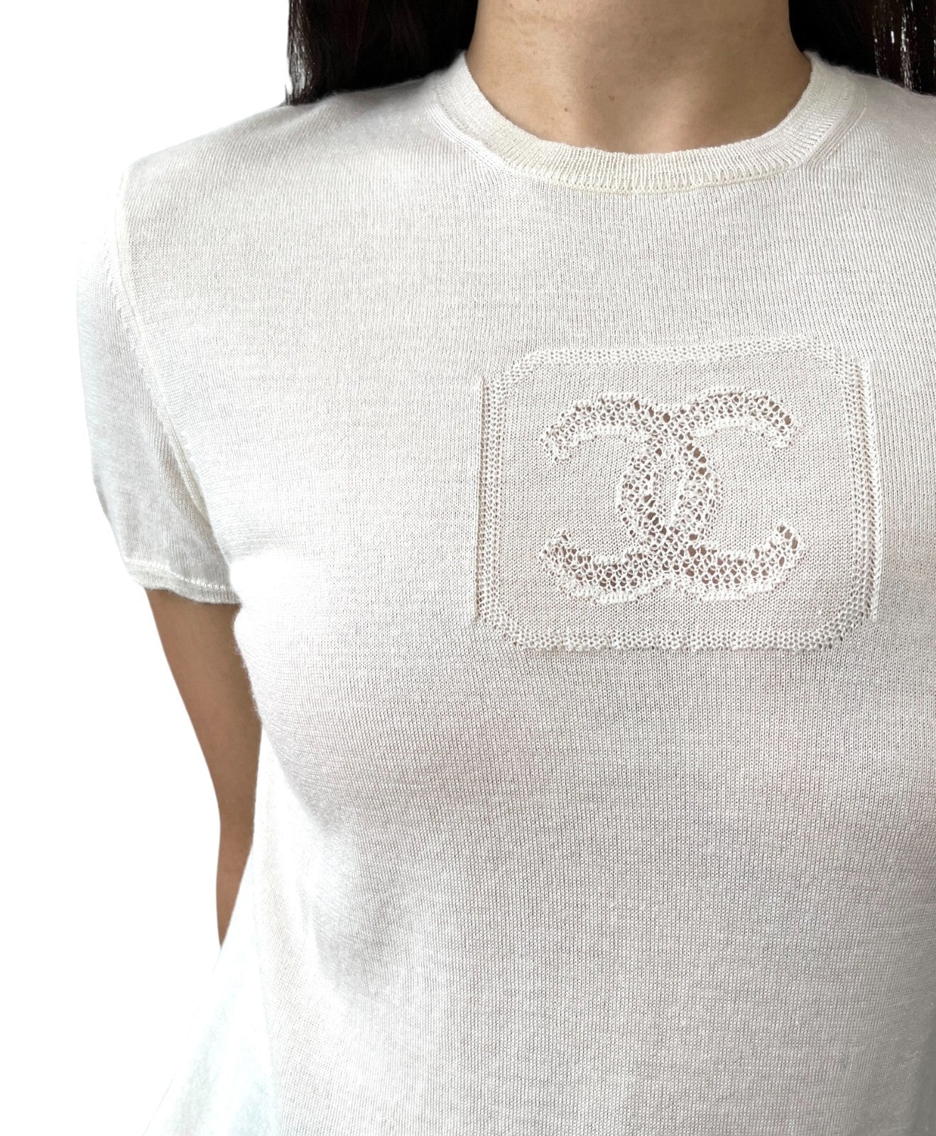 CHANEL Vintage 03P CC Mark Logo Mesh Knit Tshirt Top White Short Sleeve Cotton