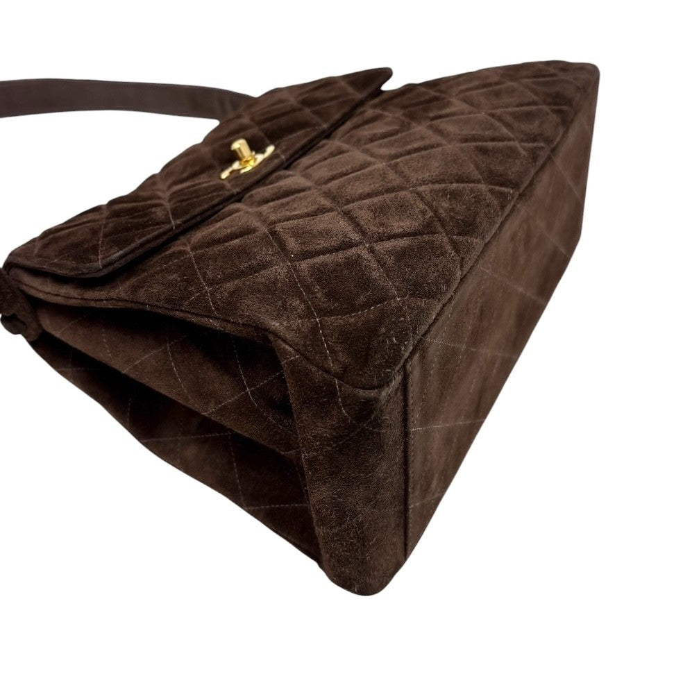 CHANEL Vintage CC Logo Turnlock Quilted Shoulder Bag Brown Gold Suede 901892