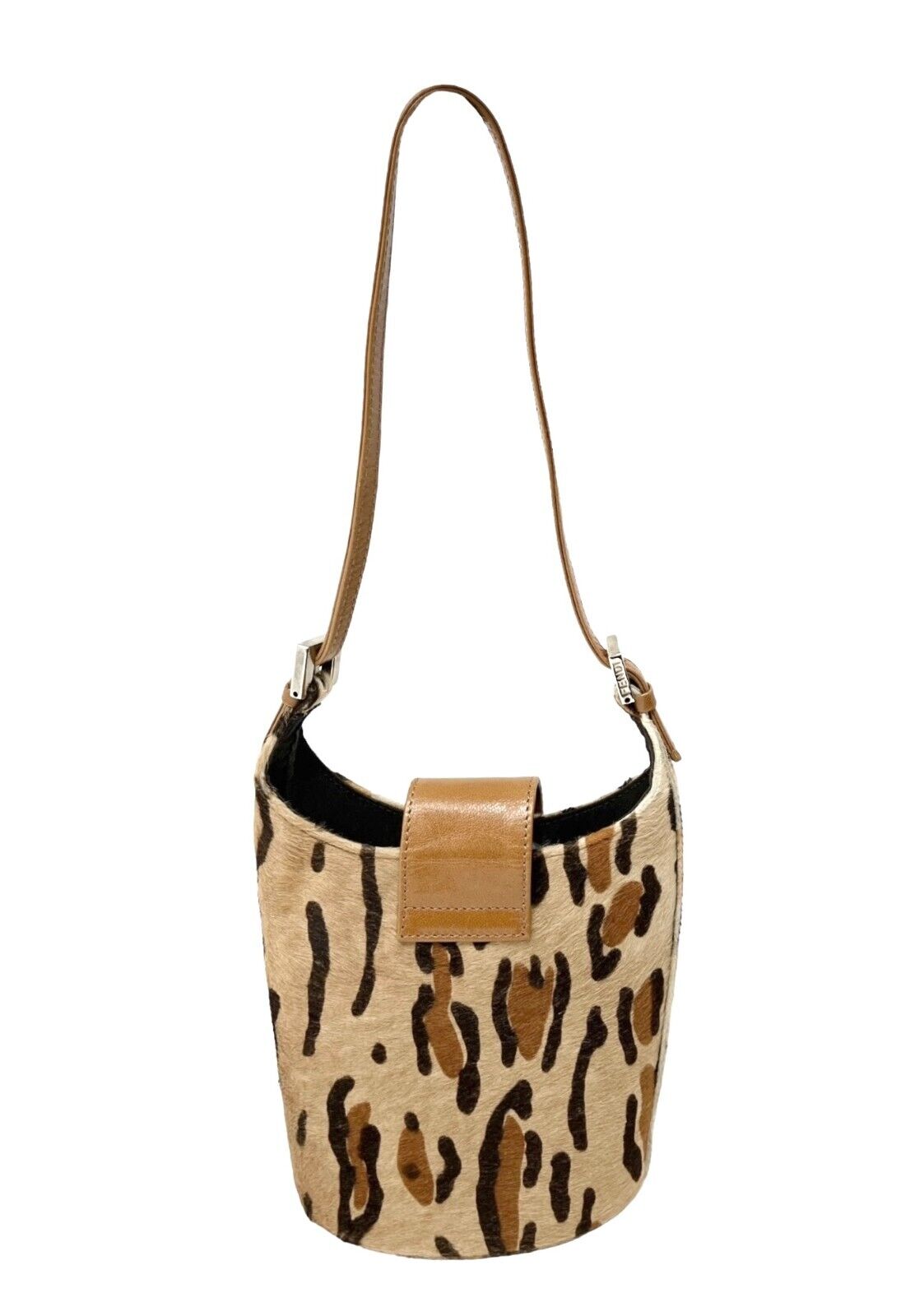 FENDI Vintage FF Logo Animal Print Mini Shoulder Bag Calf Hair Beige Rank AB