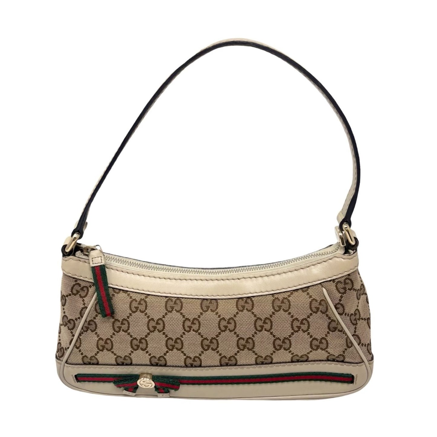 GUCCI Vintage GG Monogram Web Stripe Canvas Shoulder Bag Beige Ribbon 902290