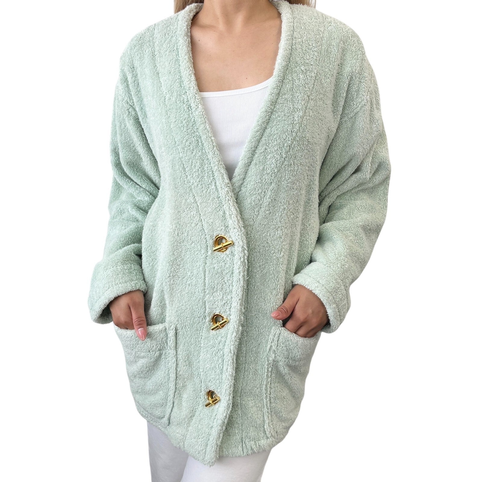 HERMES Vintage Logo Echapee Toggle Button Bathrobe #XS Green Cotton Terry Cloth